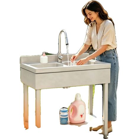 Évier utilitaire, 35 pouces, acier inoxydable, autoportant, cuve unique, pieds réglables (1/5)