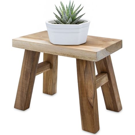 Teakholz Blumenbank natur rechteckig - 21 x 12 cm - Massivholz Deko Hocker Landhaus rustikal - Echtholz Pflanzenständer