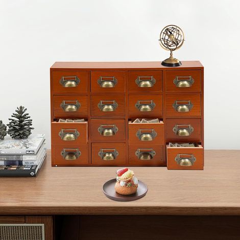 Holz Schubladenbox 4 X 4 Stufige SchubladenOrganizer Vintage Apothekerschrank mit 16 Schubladen Schlafzimmer-Organisation Massivholz Aufbewahrung für Gewürze, Medikamente (Braun)