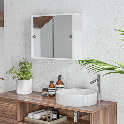 Armario con Espejo de Pared con Estante Ajustable y Puerta Corredera Doble para Lavabo 55x15x45 cm Blanco Brillante (1/5)