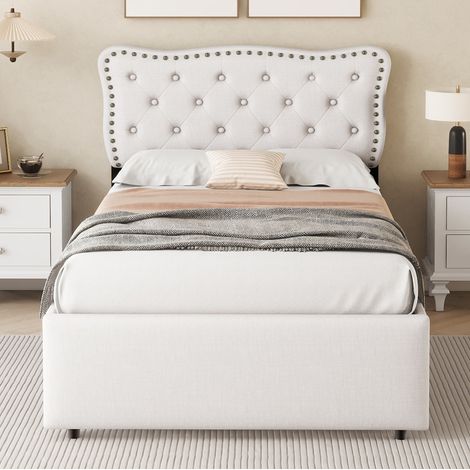 Bett 90x200 cm gepolstert, modern in MDF und Leinenoptik, hellbeige, verstellbares Kopfteil, Ziernieten und 2 Schubladen (1/5)