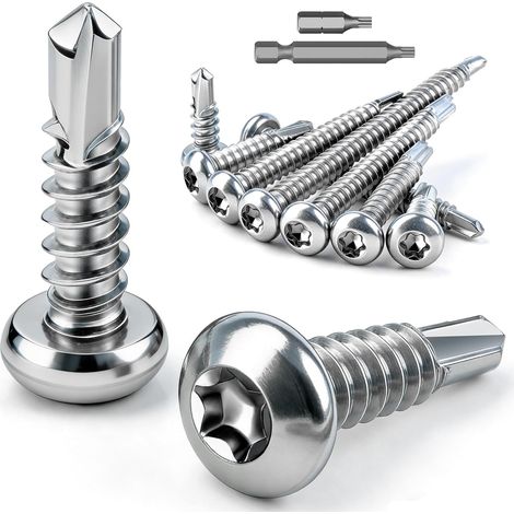 Lot de 100 vis Torx autotaraudeuses en acier inoxydable M4,8x32 mm à tête bombée Vis auto-découpantes en acier 410 Vis DIN 7504 à tôle Vis pour toiture en métal Vis pour meubles en bois et (1/5)