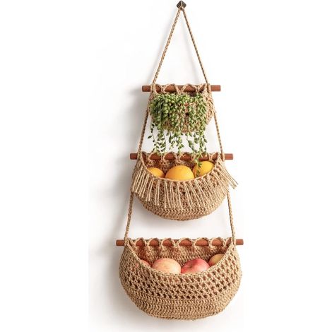 Cesto da parete a 3 livelli per frutta e verdura - Rete da parete rimovibile - Cesto da parete in juta intrecciata a mano - Mensola da cucina multifunzionale - Conservazione di frutta e verdura - Deco (1/5)