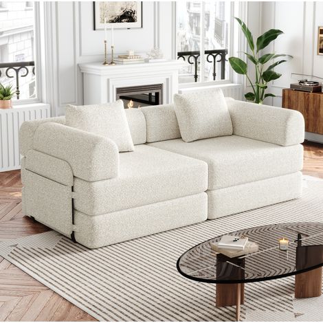 Canapé convertible 1 place Chenille Beige, 2-in-1 Schlafsofa mit Armlehnen-Staufach (1/5)