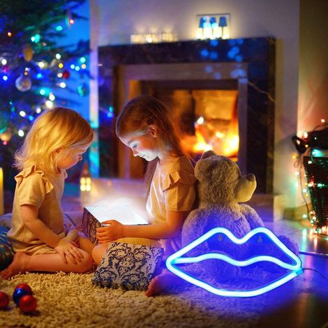 (+USB double mode) Lumière néon LED avec lèvres séparées, lumière électronique néon de Noël, veilleuse néon décorative de Noël et de la Saint-Valentin, bleue. (1/5)