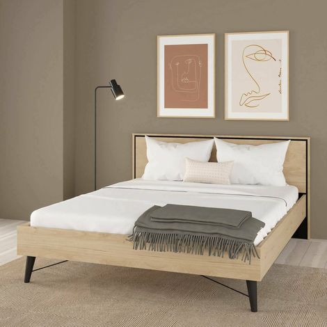 Dmora - Cama doble Ghebbo, Sommier para dormitorio, Estructura de cama por habitación, Estructura del sostenedor del colchón, 207x193 h91 cm, Roble claro (1/5)