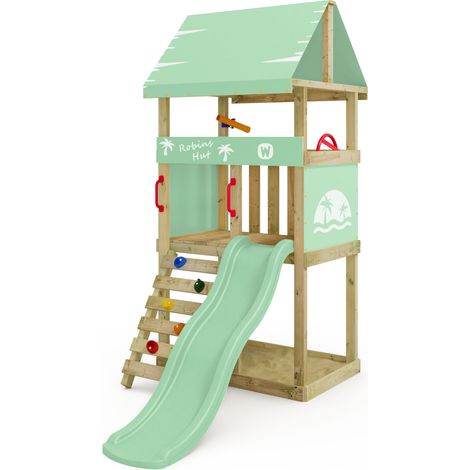 Wickey – Tour de jeu en bois avec toboggan ondulé et bac à sable – Hauteur plateforme 90 cm – Pour petits jardins – Bois massif traité autoclave (1/5)