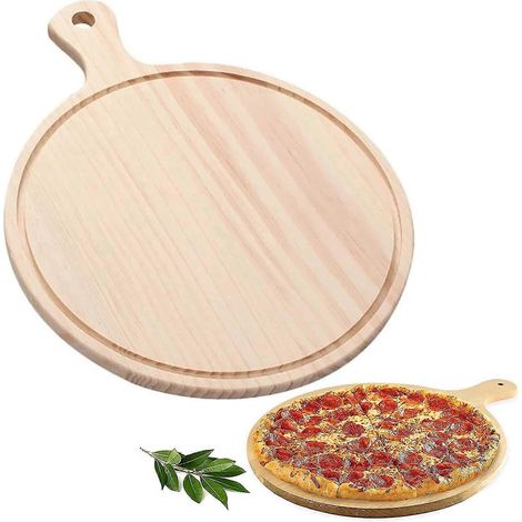 Assiette à pizza ronde en bois naturel avec poignée non toxique, facile à nettoyer, utilisable des deux côtés, idéale pour la famille, les restaurants, le camping, les pizzas, les steaks, le pain et l (1/3)