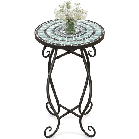 Tavolino rotondo 30 x 30 x 50 cm design elegante portavasi stile vintage metallo mosaico nero 200019524