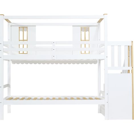 Kinder-Etagenbett 90 x 200 cm mit Stauraumtreppe, Kiefer MDF, Weiß/Natur (1/5)