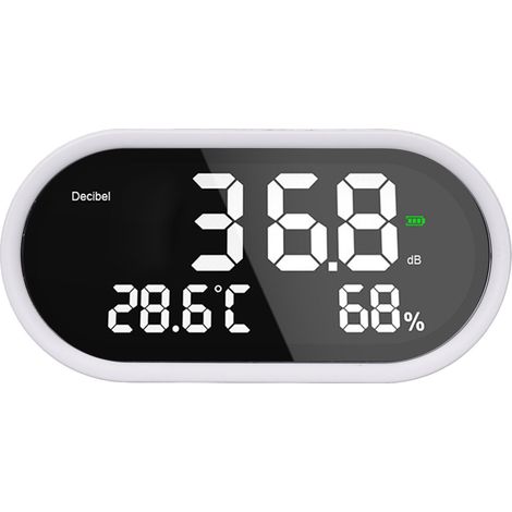 Sonomètre numérique de bureau haute précision avec écran LCD, mesure la température, l'humidité et le niveau sonore. Idéal pour les écoles, les hôpitaux et les temples. Alimentation : 1 A, 2 A, 5 V, U (1/5)