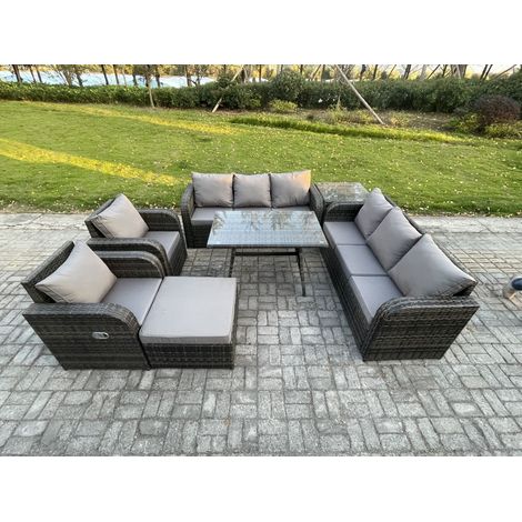 Fimous 9 places Ensemble de canapés en rotin Table & Fauteuil avec Canapé 3 places Table à manger rectangulaire Grand tabouret Table d'appoint Gris foncé mixte (1/5)