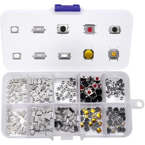 Pair 250 Pièces 10Value Boutons poussoirs tactiles Micro Momentary Tact Assortiment Kit, d'assortiment de Bouton Tactile, pour Clé de Télécommande de Voiture, avec Boîte en Plastique (1/5)
