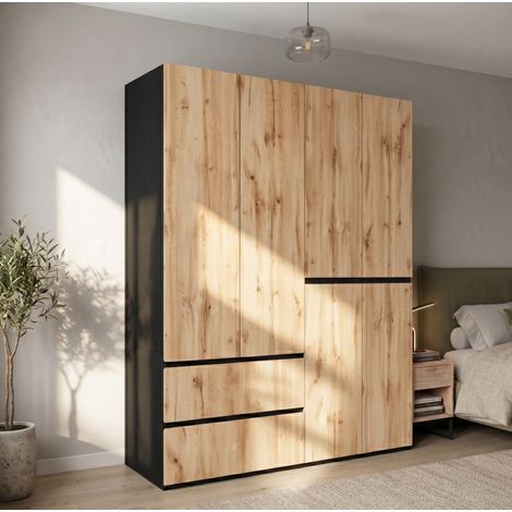 Armoire 180/50/200 cm aspect chêne, 6 portes, 2 penderies et 5 tiroirs (1/5)