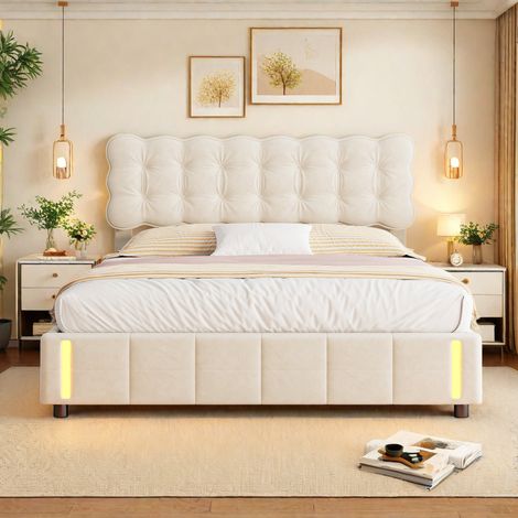 Lit double 160x200 avec LED & Système Hydraulique, lit coffre avec sommier à Lattes, beige velours capitonné (1/5)