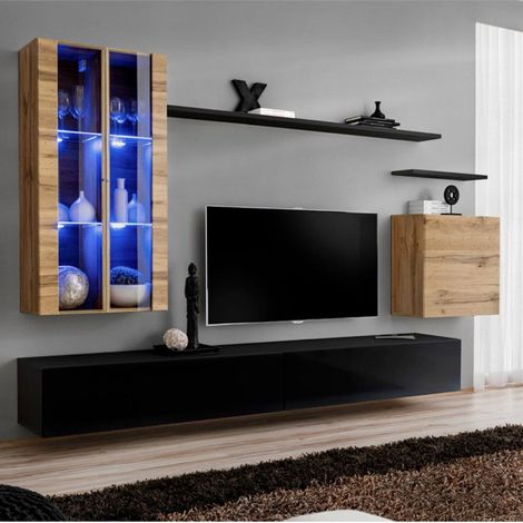 Meuble TV Mural Design "Switch XII" 270cm Naturel & Noir (1/4)