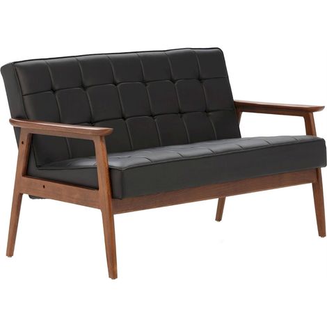 Canapé vintage en simili cuir noir et bois - Noyer, noir (1/3)