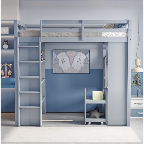 Cama alta 90x200 con almacenaje de madera gris OKMYHOME (1/5)