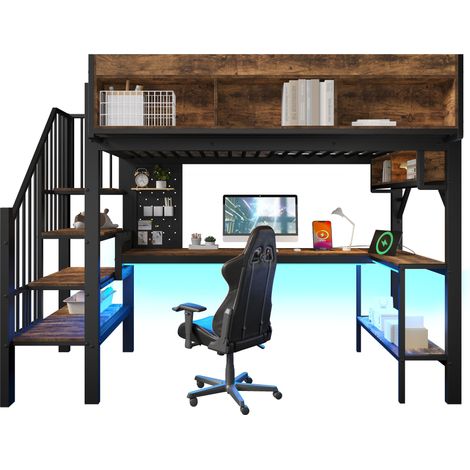 Lit mezzanine 90x200 cm Brun Vintage et Noir avec bureau d'angle, rangement & panneau perforé, prise USB-C & LED, lit enfant norme EN747 (sans matelas) (1/5)