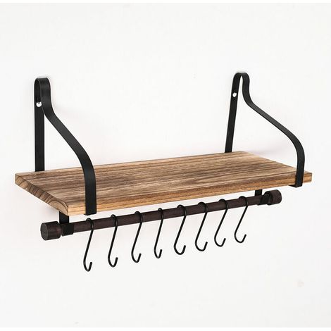 royaluxe - Support à café mural avec 8 crochets, porte-gobelet flottant de cuisine rustique, bar à café, décoration murale, support en bois suspendu simple, planche en bois carbonisé, crochet en S en (1/5)