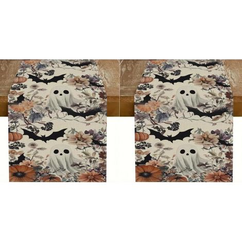 Camino de mesa con temática de Halloween con fantasmas, calabazas y murciélagos exquisito estampado floral de temporada, (33 x 183 cm) (juego de 2) (1/5)