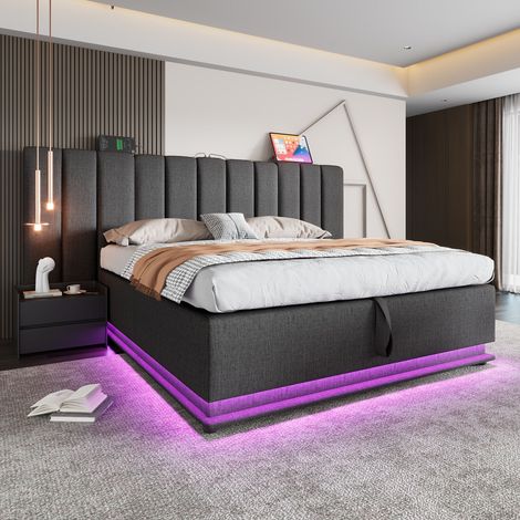 Lit double rembourré avec LED et USB&type-C,lit coffre avec espace de stockage hydraulique,cadre de lit 180×200cm avec sommier à lattes,lin,gris (1/5)