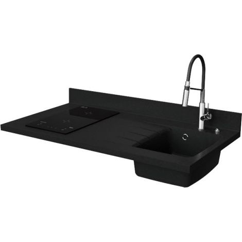 Plan de travail monobloc PlaniQuartz avec évier - 120 cm - Nero - évier à droite - Plaque de cuisson Induction
