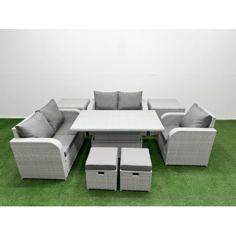 Fimous High Back Poly Rattan Garden Furniture Set with Reclining Chair Loveseat Sofa Adjustable Lifting Dining or Coffee Table Indoor Outdoor Patio Set 2 Stool 2 Side Table Light Grey (1/5)