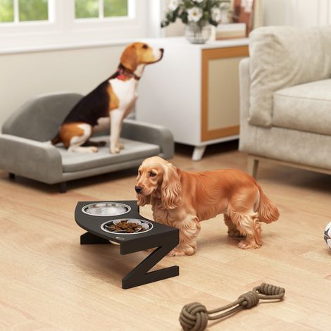 Gamelle surélevée pour chien avec support, comprenant 2 gamelles de 1 L en acier inoxydable, 52,5 x 30 x 16,5 cm, noire (1/5)