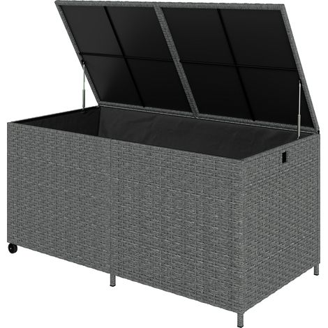 Coffre de rangement rotin 650 L résistant intempéries UV couvercle rembourré roulettes gris foncé 150 x 75 x 74 cm
