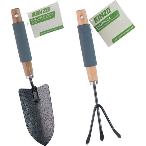KINZO Kit Jardinage 2pcs - Pelle Transplantoir + Griffe 3 Dents - Manche Bois & Mousse - Outils à Main Plantation & Sol (1/4)