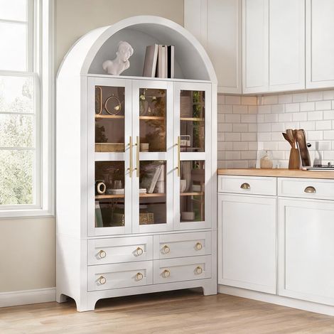 Buffet blanc 3 portes vitrées 4 tiroirs arche 185 cm (1/5)