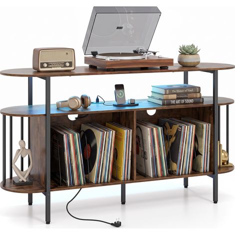 Meuble Platine Vinyle avec Station de Recharge et Éclairage LED Support pour Platine Vinyle avec Prise Électrique, 140 x 40 x 76,5 cm, Marron (1/5)