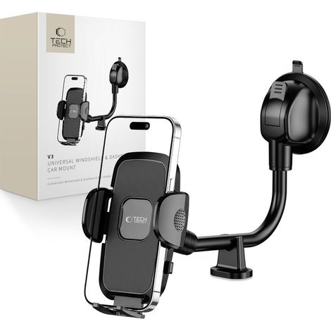 Supporto universale per parabrezza e cruscotto Tech-Protect V3 con braccio lungo, colore nero.