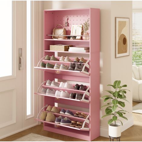 Mobile porta scarpe a 3 ante ribaltabili, 2 nicchie aperte, rosa, 80 x 24 x 178,5 cm OKMYHOME (1/5)
