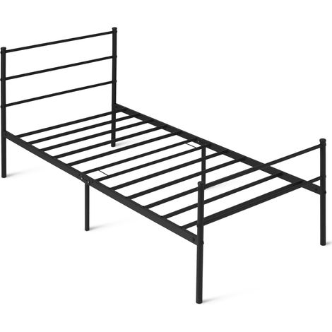 Cadre de Lit avec Tête de Lit, Antidérapant avec Lattes en Acier, Métal Non Pliable, 90 x 200cm, Simple, Noir (1/5)