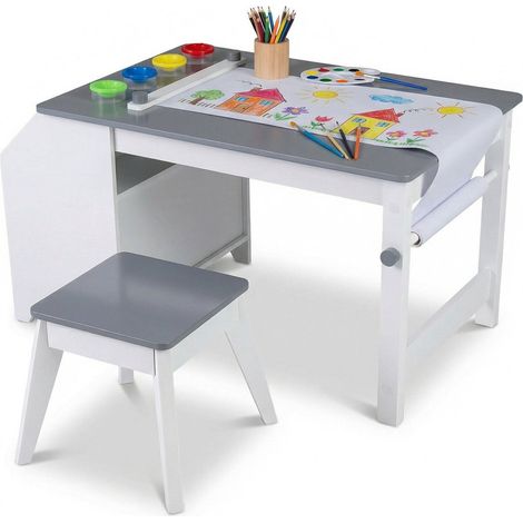 Kids Art Table Set with Stool, Paper Roll, 4 Paint Cups (1/2)