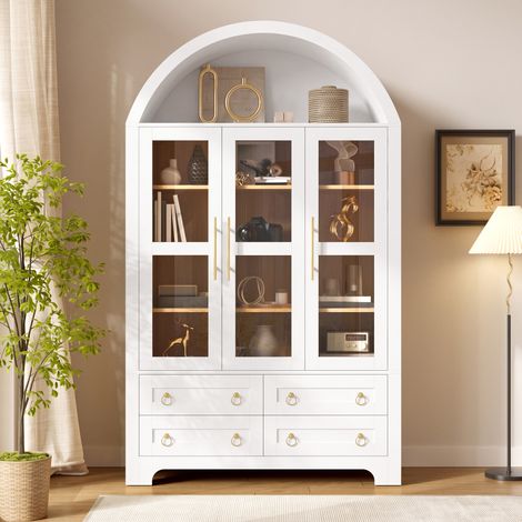 Buffet 110x40x185cm avec 3 portes et 4 tiroirs, niche ouverte arquée, grand rangement, poignées en aluminium, MDF blanc (1/5)