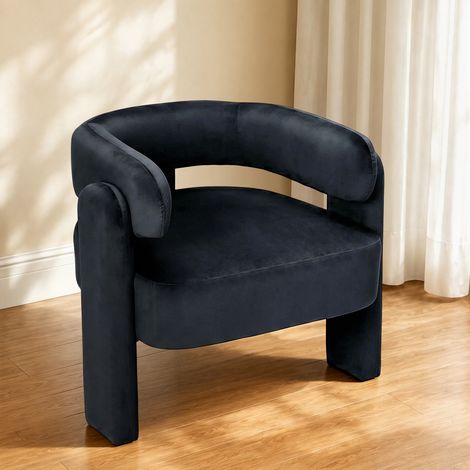 Fauteuil de salon velours noir design pour salon, fauteuil confortable avec structure bois