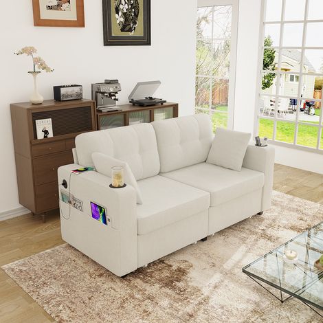 Sofá recto 2 plazas en chenille beige con cajones, USB, posavasos y almacenamiento