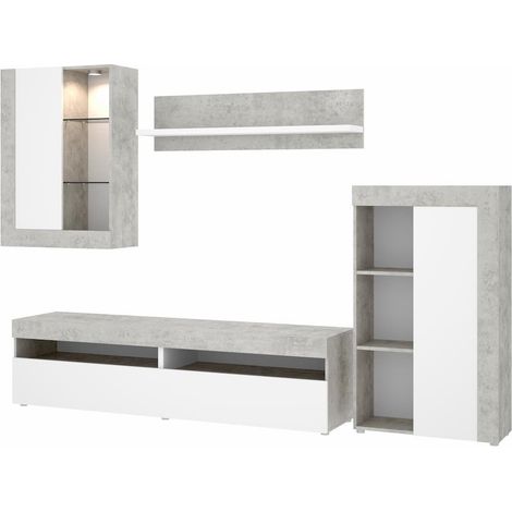 Ensemble séjour de 4 éléments coloris ciment /blanc + Eclairage LED -PEGANE-