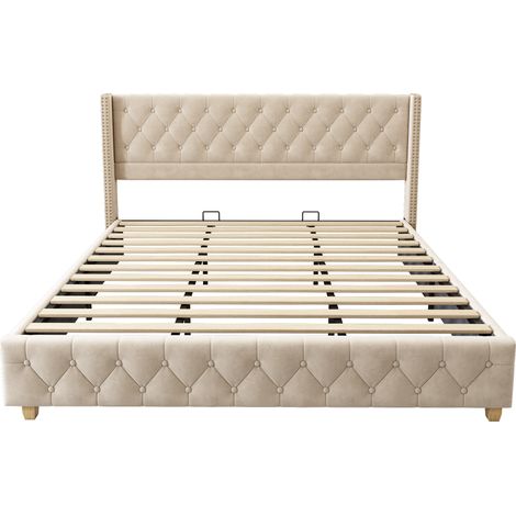 Cama tapizada 180x200 cm de terciopelo beige claro con somier y cabecero capitoné HOMVRA (1/5)