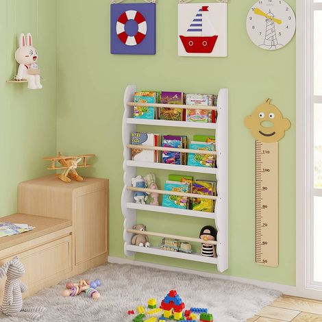 WOLTU Kinder Bücherregal Wandregal, Bücher-Organizer mit 4 Ablagen, Kinderregal für Buchaufbewahrung, aus Kiefernholz E1 MDF, für Kinderzimmer Spielzimmer, Weiß
