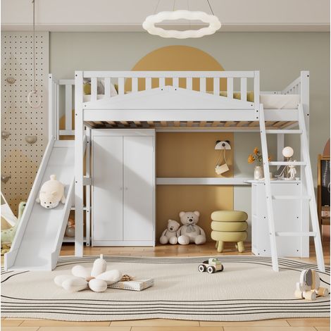 Lit mezzanine enfant 90x200 cm en bois blanc avec bureau et rangement, gain de place, sans matelas – MEUBLIV (1/5)