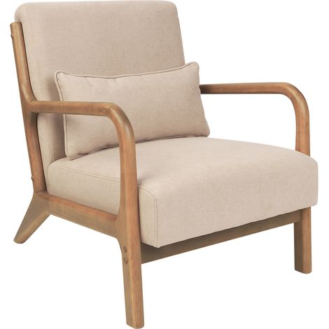 Sillón retro clásico con reposabrazos y cojín patas de madera de caucho tela beige Skovde