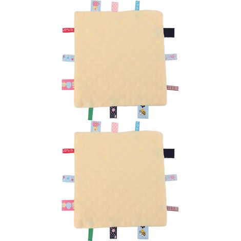 Lot de 2 couvertures de sécurité pour bébé avec étiquettes colorées, en pur coton et particules 3D, pour le développement sensoriel. Jaune. (1/5)