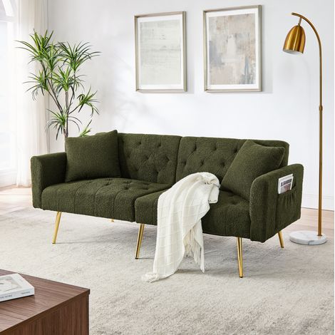 Canapé 2 places vert en teddy avec dossier réglable et 2 coussins (1/5)