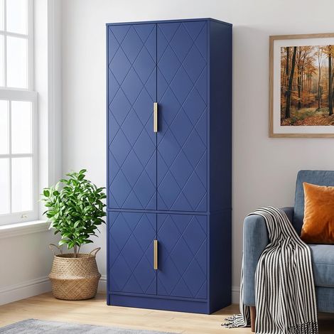 UEV Armoire de Rangement à 4 Portes, Meuble Rangement, Buffet de Cuisine, Garde-Robe, Étagères Réglables, Motif en Ligne, Manche Doré, pour Cuisine, Chambre, Salon, 60 x 30 x 150cm, Bleu (1/5)