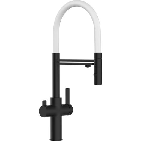 Rubinetto 3 vie miscelatore cucina Nero Opaco con canale separato per acqua filtrata, canna bianca movibile e doccia due getti staccabile - Serie FC (1/5)