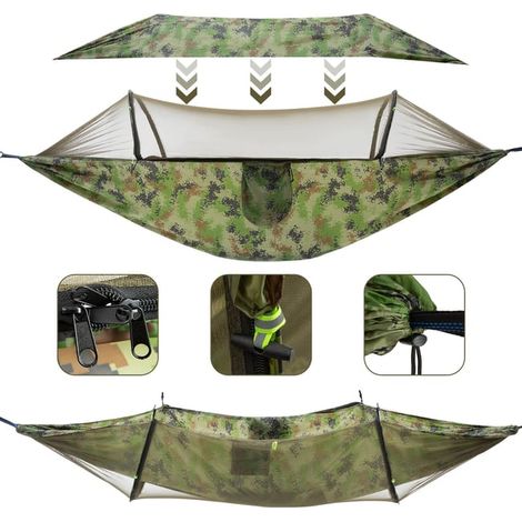 Columpio portátil para exteriores, hamaca antivuelco y antimosquitos para acampar al aire libre, color camuflaje, 290140 cm (sin logotipo). (1/5)